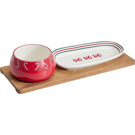 Ensemble pour apéritifs, plateau en bois d’acacia, petite coupelle et assiette, 28 x 10 cm (1/3)