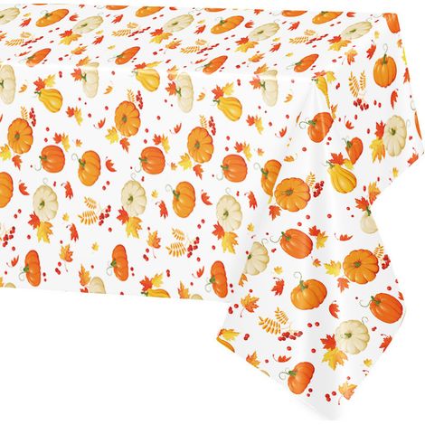 Lot de 5 nappes pour Thanksgiving. Nappe jetable en plastique imperméable 108 x 54 cm, motif citrouille et feuille d'érable, idéale pour les décorations automnales. (1/5)