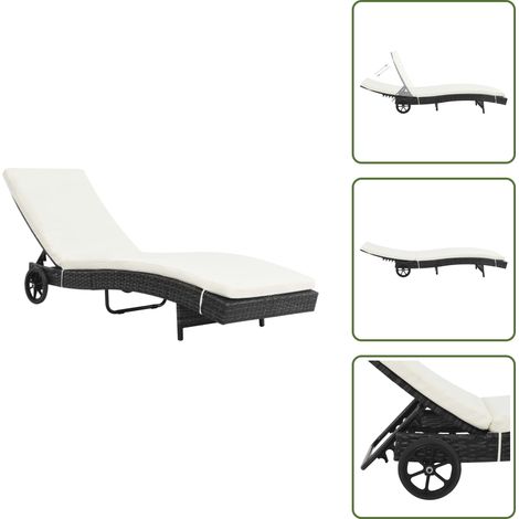 Sonnenliege mit Rollen und Auflage Poly Rattan Schwarz - Sonnenliege - Gartenliege - Rattanliege - Relaxsessel - Outdoor Lounge Chair (1/5)