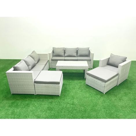 Fimous Wicker PE Rattan Sofa Garden Furniture Set with Oblong Coffee Table Armchair 2 Big Footstools Light Grey Mixed (1/5)