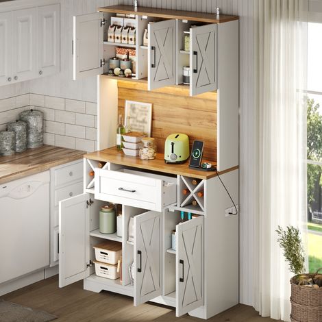 Meuble de rangement haut cuisine avec éclairage LED, placard garde-manger en bois, armoire vitrée avec casiers à bouteilles, buffet 2 portes pour salon et salle à manger, 180x105x40 cm (1/5)