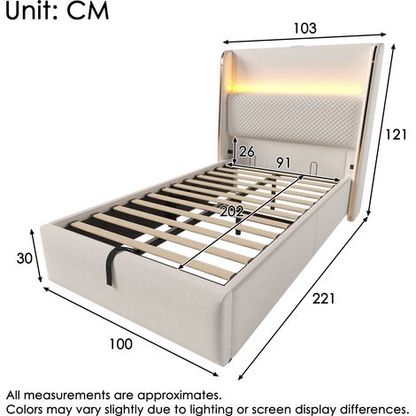 Lit simple moderne 90x200cm, sommier hydraulique avec tête de lit haute, éclairage LED intégré, rangement et ports USB/Type-C, revêtement aspect lin beige, matelas inclus (1/4)