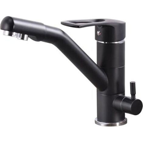 Robinet de cuisine à 3 voies, robinet de cuisine pivotant à 360°, robinet d'évier avec bec flexible, G3/8 pouce (robinet à triple raccordement avec filtre à eau, noir)