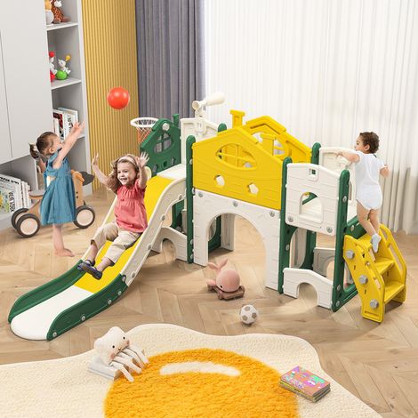 Toboggan pour enfants, Jouet d'escalade toboggan 7 en 1 avec espace de rangement et panier, 1toboggan, télescope, tunnel, escalade, échelle d'alpinisme, fenêtre, jeu d'escalade autoportant et pliable (1/4)