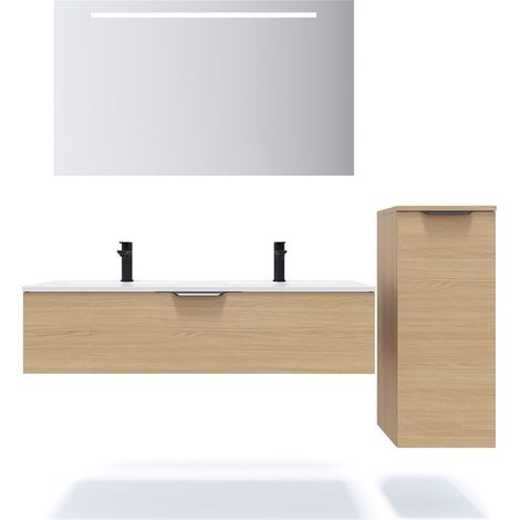 Meuble de salle de bain suspendu double vasque intégrée 120cm 1 tiroir Chêne clair + miroir + colonne ouverture droite - Venice (1/5)