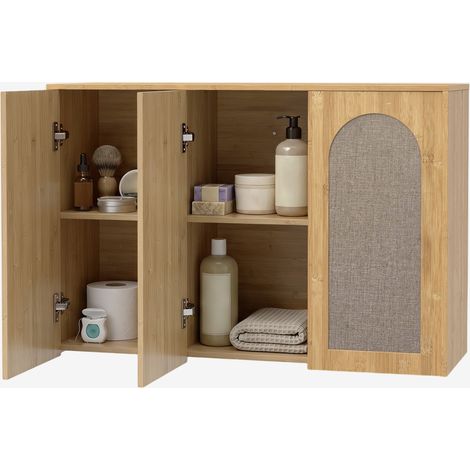 Armoire murale de salle de bain bohème 3 portes effet rotin. fermeture douce. étagère réglable chêne. grande capacité de rangement (1/5)