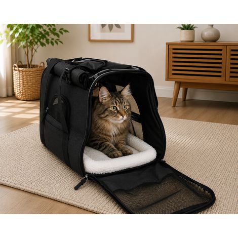 belviona Katzentragetasche, Transporttasche mit Netzfenstern, herausnehmbarem Liegekissen & Schultergurt, bis 10 kg, schwarz (1/5)
