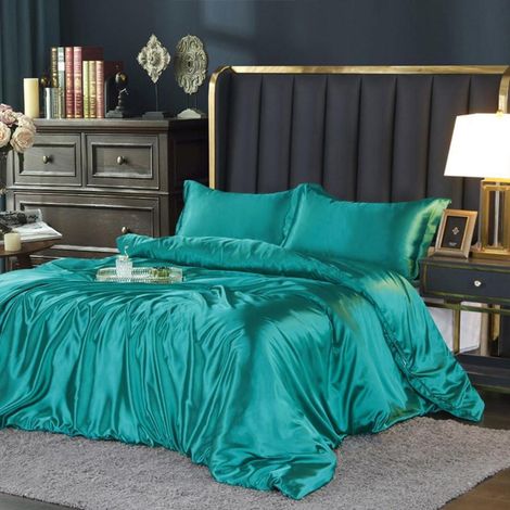 Satin Bettwäsche Set 200x220 cm Grün Glänzend mit Reißverschluss
