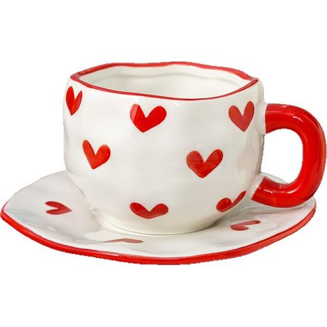 Tasse à café rouge en forme de cœur, mignonne et créative, avec soucoupe, design irrégulier unique, 350 ml. (1/2)