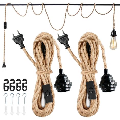 2 Pièces Douille E27 avec Câble 4.5m en Corde de Chanvre Tressée Vintage et Interrupteur, Suspension Douille E27 Corde pour DIY Lampe Suspension Cuisine Cave Loft Entrepôt [Classe énergétique A] (1/5)