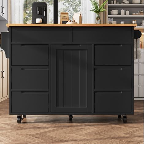 Kücheninsel 122x74.5x91.5 cm schwarz MDF mit klappbarer Arbeitsplatte, 8 Schubladen und Rollen (1/5)