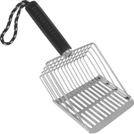 Robuste und langlebige Katzenstreuschaufel aus Metall mit Edelstahlsieb und schwarzem Gummigriff. (1/5)