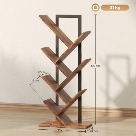Étagère étroite en bois, 7 niveaux, forme d'arbre pour bureau, rangement mural, finition brun rustique, meuble colonne multifonctionnel. (1/5)