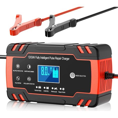 8A Chargeur Batterie Voitures 12V/24V, pour Moto Camion, AGM, Gel, Wet, SLA Chargeur de Batterie Intelligent Moto avec Fonction Réparation, Maintien de Charge Auto, Écran LCD (1/5)