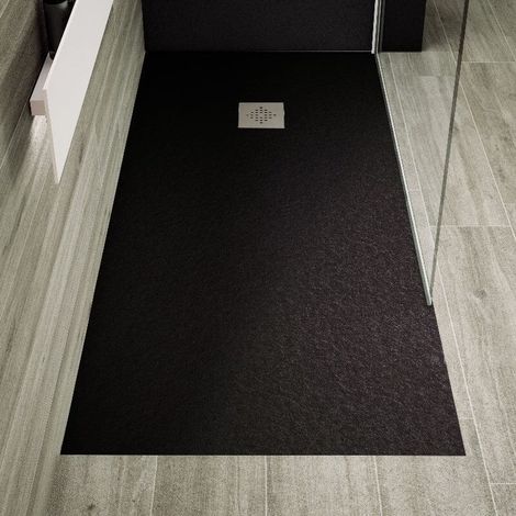 Receveur de douche 100 x 160 cm extra plat PURE en résine surface ardoisée noir Grille inox
