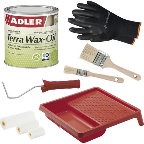Adler Holzöl Innen Terra Wax Oil - Hartwachsöl zur Holzpflege im Innenraum - Möbelöl mit 2x Pinsel + Lackroller SetMöbelöl mit Farbwanne, farblos 750ml (1/4)