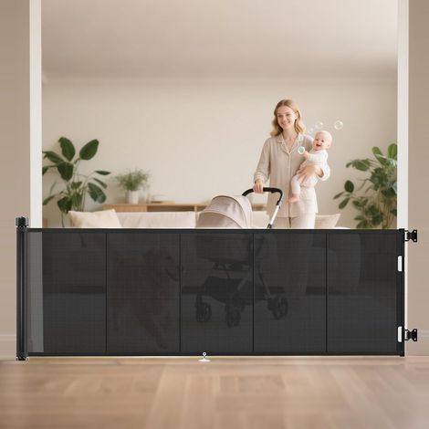 Barrière de Sécurité Rétractable, Barriere Securite Enfant Extensible, Utilisation Intérieure et Extérieure (Noir, 3M 86cm) (1/5)