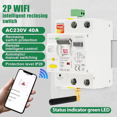 Disjoncteur différentiel 40A WiFi Réarmement automatique Disjoncteur différentiel intelligent 220V 2P Protection contre les fuites Contrôle TUYA Réactivation en mode automatique. (1/5)