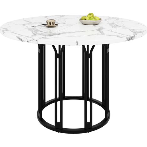 Table à Manger Ronde en MDF et Métal avec Motif Marbré, Pieds Réglables - 100×100×74 cm, Noir (1/5)