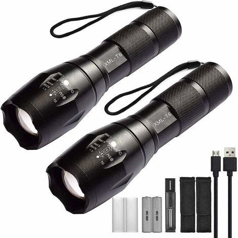 Pack of 2 high-power LED pocket flashlights with 2 rechargeable 18650 batteries, tactical flashlight with USB charger (1/5)