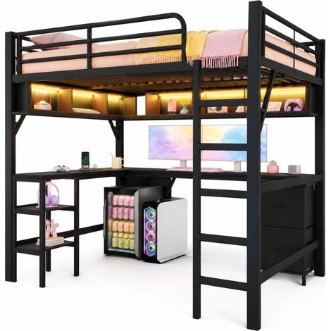Lit mezzanine métal 140x200 avec bureau, bibliothèque, armoire, USB et LED, noir, idéal pour chambre gaming et petit espace pour enfant et ado - CHICFURN (1/5)