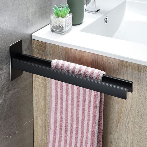 Porte-serviettes double carré sans perçage, en acier inoxydable, auto-adhésif, fixation murale, noir mat, 39 cm. (1/5)