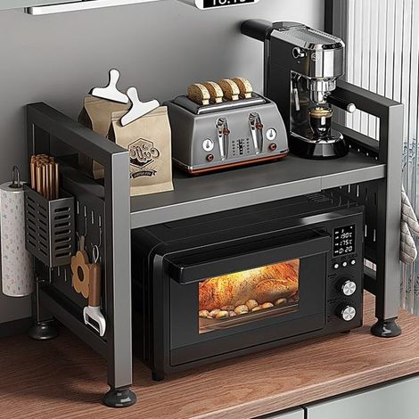 Supporto da cucina multifunzionale estensibile per microonde, grigio scuro, con doppio ripiano e 6 ganci (1/4)