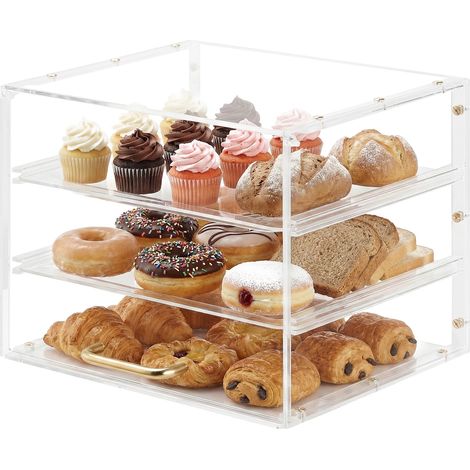Mophorn Vitrina de panadería de 3 niveles para mostrador, expositor comercial para repostería, panera de acrílico transparente para cocina, vitrina para pasteles con puerta abatible, 39 x 32 x 16,5 cm (1/5)