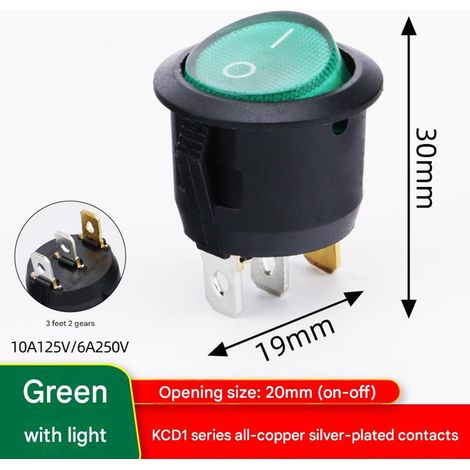 5x KCD1-105N Wasserdichter runder Wippschalter mit LED, 6 A 250 V, 2 Positionen, 3 Pins – Ein/Aus-Taste, DIY-Netzteil – Grün