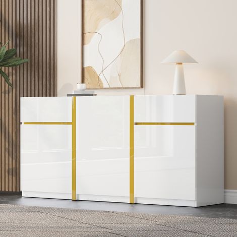 Sideboard mit 3 Türen und 2 Schubladen – 160 x 40 x 78 cm – Hochglanzlackierung – Spanplatte + MDF – Weiß