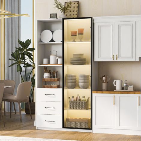 Vetrina libreria 80x40x160 cm, con porta in vetro temperato e LED multicolore, 3 cassetti e 3 vani aperti, truciolato bianco (1/5)