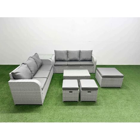Fimous Outdoor Garden Furniture Sets 9 Seater Wicker Rattan Furniture Sofa Sets with Rectangular Coffee Table high Back Lounge Sofa 3 Stools Side Table Light Grey (1/5)