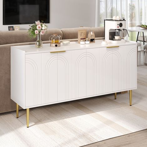 Buffet et Enfilade avec 4 Portes et Étagères Réglables, Fermeture Douce, Pieds en Métal Doré, pour Salon, MDF, Blanc, 140 × 38 × 75 cm (1/5)