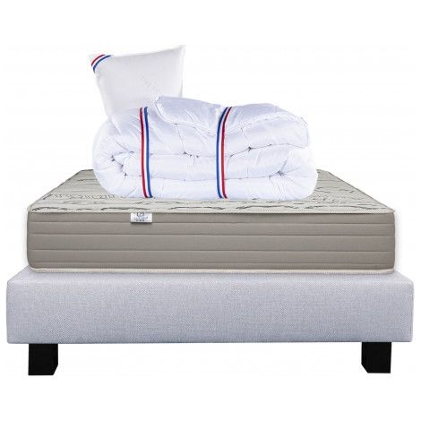 Ensemble Matelas Organic Cotton, 24 cm, mousses haute densité, ferme, face été/hiver + sommier gris ep20cm + oreiller + couette, 90x190cm (1/5)