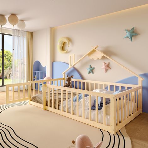 Lit enfant 90x190 cm avec barrière de sécurité verrouillable, bois de pin naturel, lit plat avec garde-corps, sommier intégré, idéal chambre enfant (1/5)