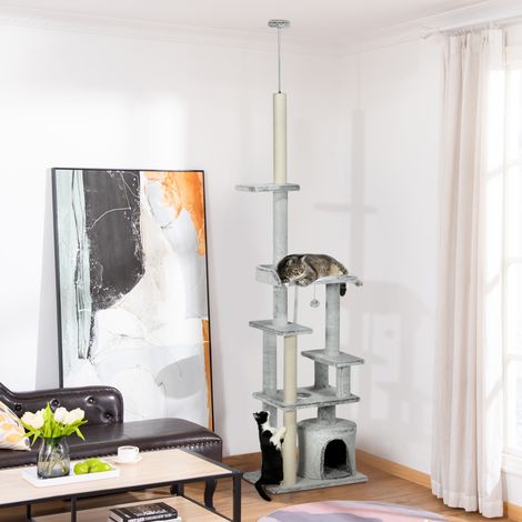 Árbol rascador de techo para gatos con plataformas y casita, 60x40x225-255cm, gris (1/5)