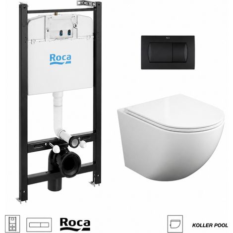 Pack WC Bastidor ROCA Active con Cisterna Empotrada, Pulsador Negro Mate y WC Suspendido Round Smart 52 cm Tornado 3.0 de Koller Pool