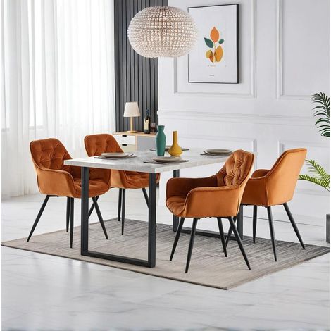 AINPECCA 1.5M White Dining Table and Velvet Chairs 4 Set Padded Chairs Home Kitchen(1 TABLE+4 ORANGE CHAIRS)