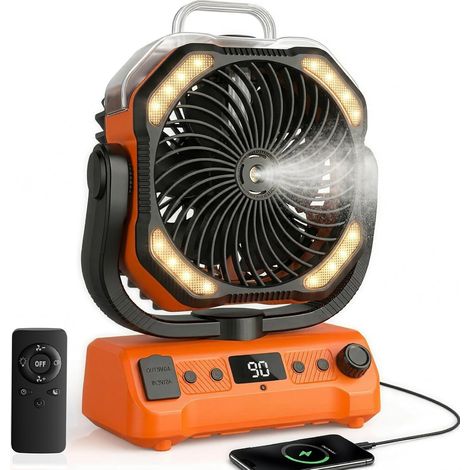 Lolleys Dual Motor Camping Spray Fan, 20000mAh Rechargeable Portable Fan with Remote Control, 360° Hook, Variable Speed, for Outdoor, Office, Travel, Fishing, RV, Beach (Orange) (1/5)