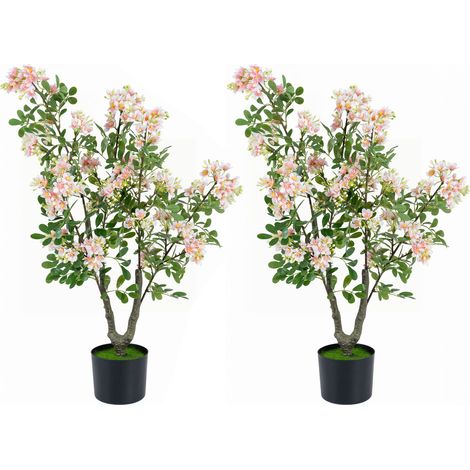 Lot de 2 Arbre d'Impatiente Artificiel 90cm en Pot Ciment avec Faux Gazon & 5 Branches Fleuries, pour Décoration de Salon, Chambre, Bureau (1/5)