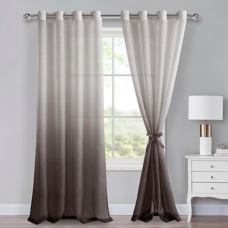Lot de 2 rideaux en voile avec œillets - Dégradé de couleurs - Pour chambre à coucher et salon - Avec embrasses - 245 x 140 cm (H x l) - Marron café (1/5)