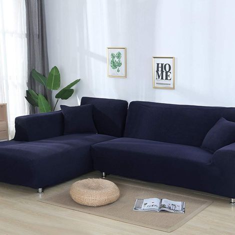 Housse de canapé extensible 1 Place + 2 places housse de canapé d'angle en forme de l pour canapé d'angle, protection de canapé d'angle, bleu foncé (1/4)