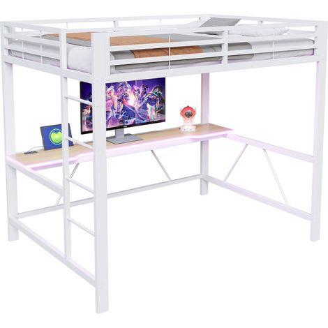 Letto a soppalco matrimoniale 140x200 in metallo con scrivania, LED colorati, presa USB e protezioni alte, bianco per gaming e studio comodo CHICFURN (1/5)