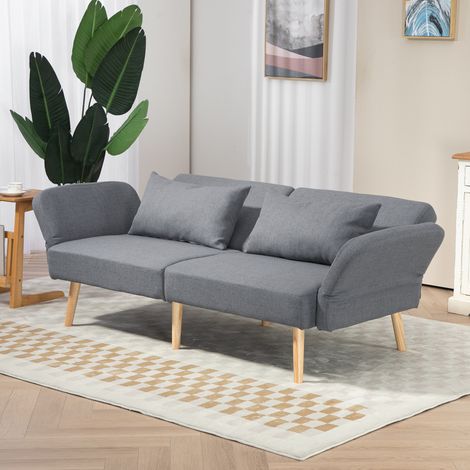 Sofá convertible de 3 plazas con mecanismo clic-clac, respaldo reclinable y reposabrazos ajustables, tapizado en tela gris efecto lino. (1/5)