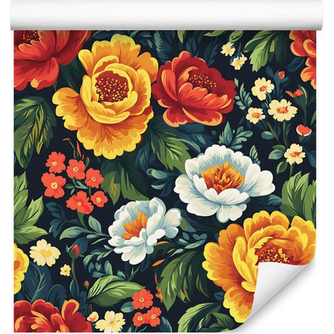Carta da parati estetica con fiori rossi, oro e blu navy 50x1000 cm (1/5)
