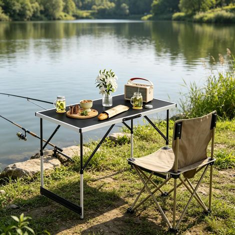 Table de camping pliable portable à hauteur réglable – 100 × 60 cm – charge 30 kg – Structure métal robuste – Facile d’entretien – Pour jardin terrasse pique-nique voyage événement (1/5)