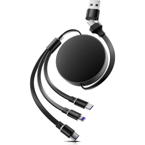 Câble de charge multiple 6 en 1, USB-C/Light-ning/Micro USB 100 W avec PD/QC, pour iPhone 16/15, Galaxy, Huawei, iPad - Câble de charge rétractable de 110 cm (noir) (1/5)