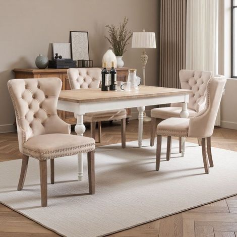 Juego de 4 sillas de comedor de terciopelo con tachuelas de mimbre silla beige de oficina estilo escandinavo para salón dormitorio cocina (1/5)