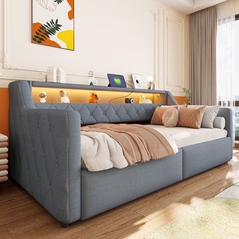 Banquette-lit 90 × 200 cm avec bande lumineuse LED, rangement hydraulique, matelas non inclus, ports USB et Type-C, revêtement en lin gris. (1/4)