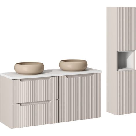 Ensemble meuble salle de bain suspendu NOVA 150cm – Double vasque ronde cappuccino avec colonne et rangements